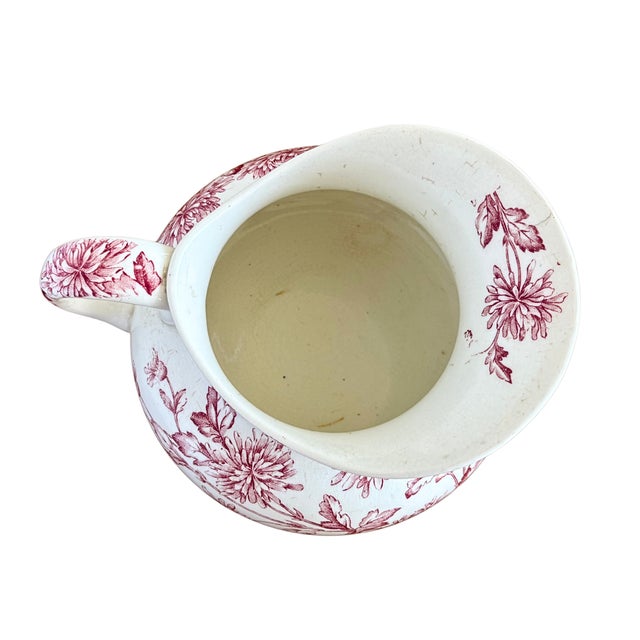 Antique French Longwy Pitcher Red Floral Transferware Faience Jug from Manufacture Des Emaux De Longwy, 1900s For Sale - Image 5 of 9