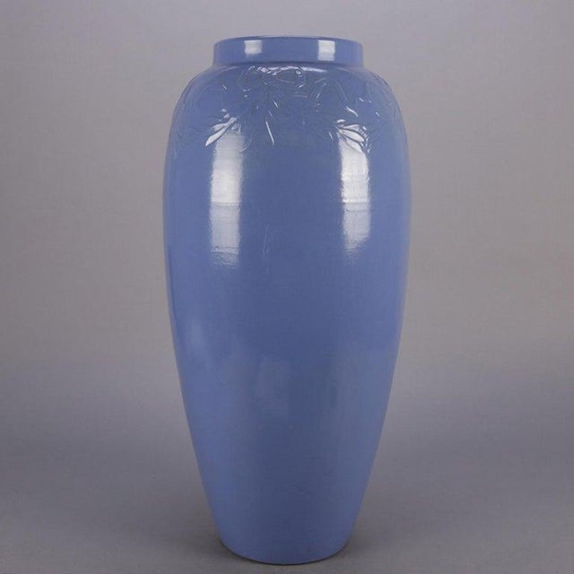 Early 20th Century 2 Arts & Crafts McCoy School Pottery Periwinkle Swags & Bows Floor Vases For Sale - Image 6 of 11