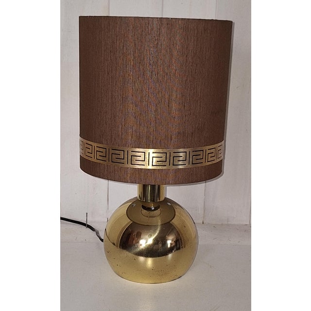 Vintage Gilt Metal Ball Table Lamp with Brown Fabric Shade from Bewatt, 1980s, in Very Good conditions. Designed 1980 to...