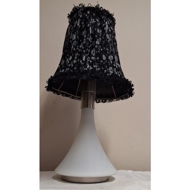Vintage Table Lamp with Internally Lit White Opaque Glass Base with Stainless Steel Mount and Handmade Fabric Shade by Lamplove, 1990s For Sale - Image 6 of 8
