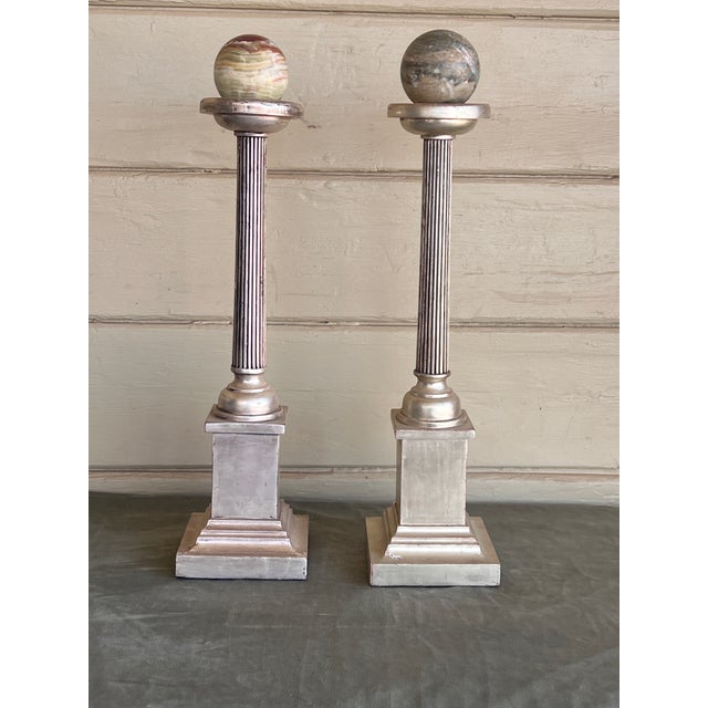 1940s Grand Tour Neoclassical Carved Water Giltwood Columns With Marble Spheres - A Pair For Sale - Image 5 of 9