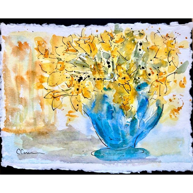Textile Original Watercolor Painting of “Daffodils in a Blue Vase” on Handmade Cotton Paper For Sale - Image 7 of 8