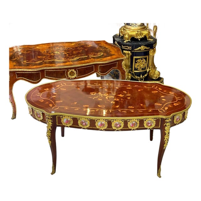 French Style Coffee Table – Wood With Bronze Accents For Sale