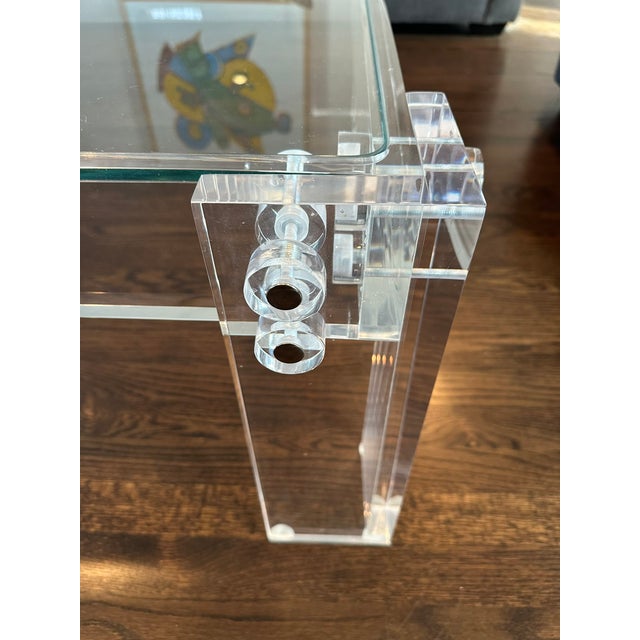 Transitional Thick Polished Lucite Base Glass Top Square Coffee Table Merchandise Mart For Sale - Image 9 of 11