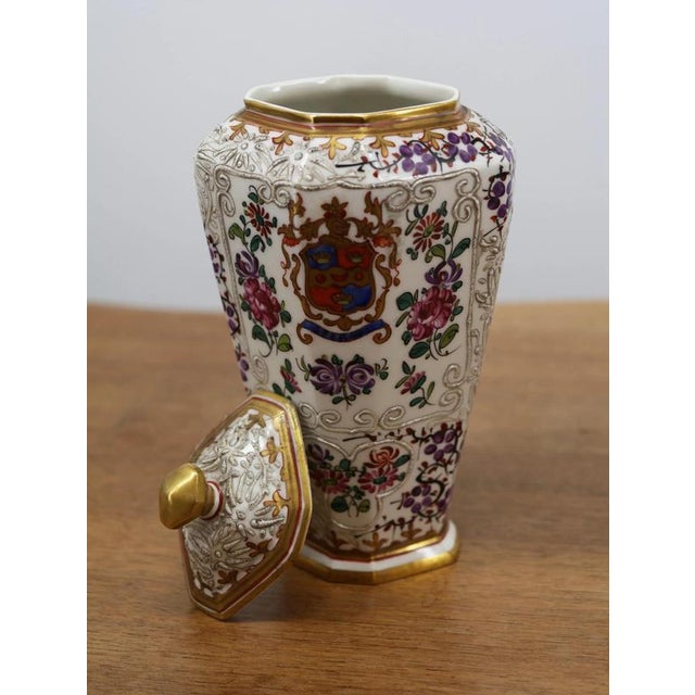 Hand-Painted Porcelain Vases with Samson Lids and Coats of Arms, Set of 2 For Sale - Image 10 of 12