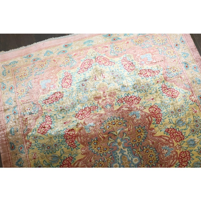 Zabihi Collection Botanical Silk Persian Qum Mini Rug For Sale - Image 4 of 9
