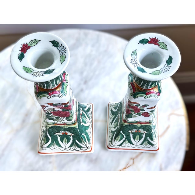Vintage Chinese Famille Verte Bok Choy Porcelain Candlestick Holders - A Pair For Sale - Image 13 of 14