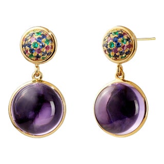 Syna Yellow Gold Amethyst Baubles Earrings with Emeralds, Rubies and Sapphires, a Pair For Sale