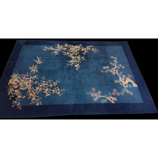 Art Deco 1925 Blue Multicolor Floral Antique Chinese Art Deco Rug 6'2"x8'10" Wool Carpet For Sale - Image 3 of 9