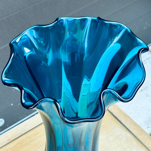 Mid-Century Modern Mid-Century Modern Blue Ruffled Rim 14" Tall Blown Glass Vase For Sale - Image 3 of 11