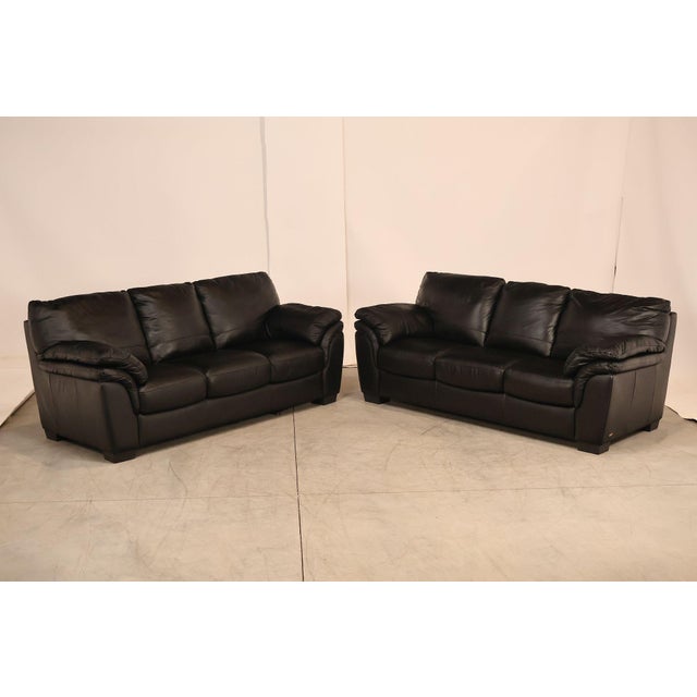 Quality Pair of Black Leather Three-Seat Sofas Mounted on Block Feet
