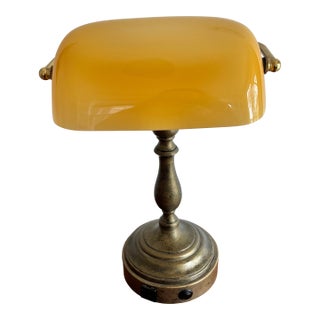 1980s Amber Glass Banker's Desk Lamp For Sale
