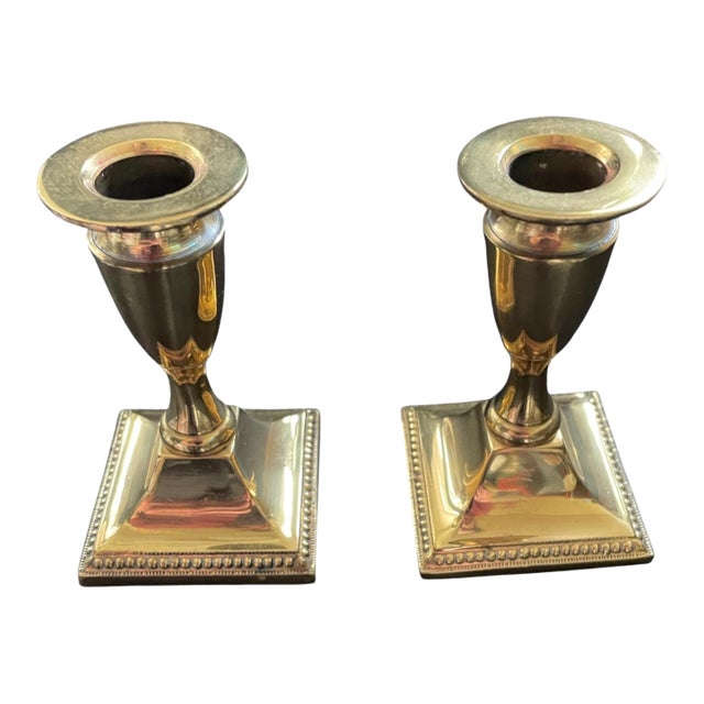 Pair Midcentury Vintage Polished Brass Georgian Style Candle Holders Candlesticks 4.5" For Sale