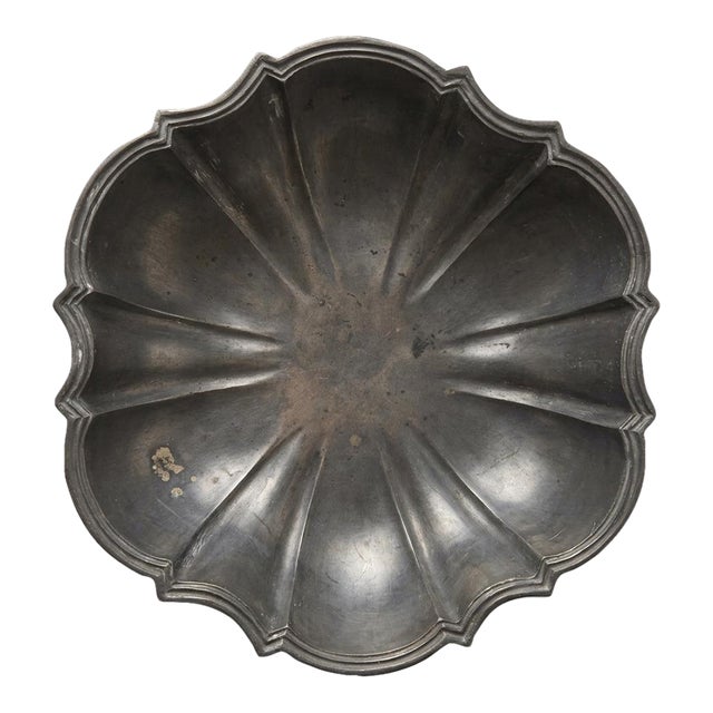 Antique European Pewter Crespina Bowl, 10" Heavy Fluted Scalloped Bowl With Crowned Touchmarks For Sale