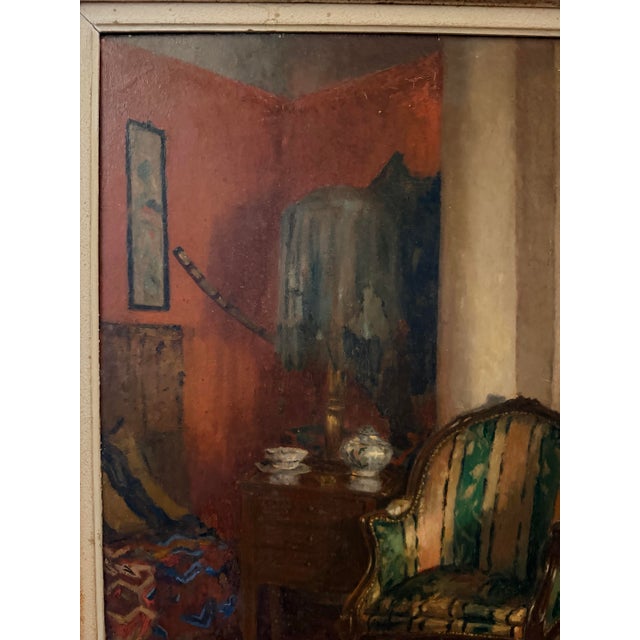 Ruby Red Interior Parisian Signed by Charles Martin Sauvaigo (1881-1970 Nice) Oil on Panel, 1940, France. For Sale - Image 8 of 12