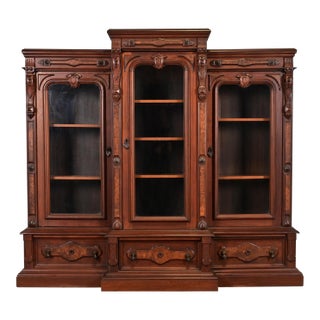 Herter Brothers Style Antique Eastlake Victorian Carved Walnut and Burl Wood Triple Bookcase Cabinet, Circa 1880s For Sale