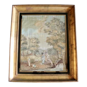 Very Large Antique Framed Needlework, “Boys Playing Soldiers”