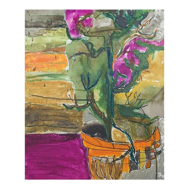 Vintage Mid 20th Century Abstract Modernist Still Life Violet Flowers Painting For Sale