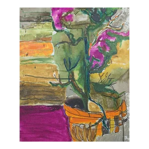 Vintage Mid 20th Century Abstract Modernist Still Life Violet Flowers Painting