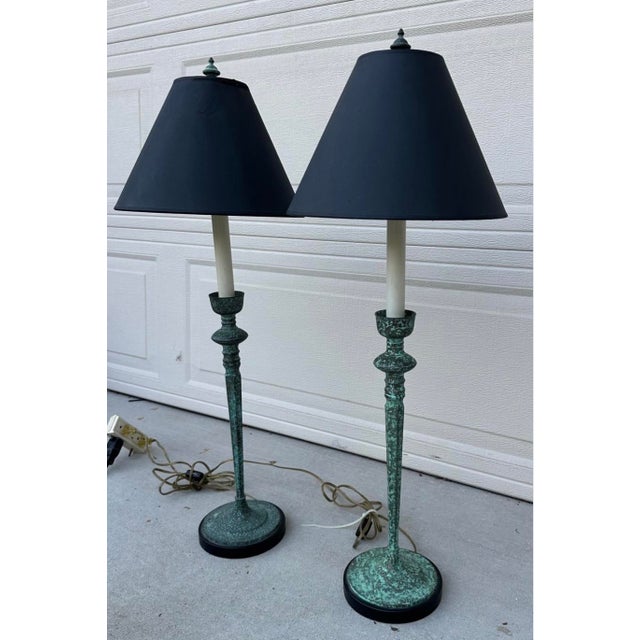 Pair of Vintage Frederick Cooper Verdigris Candlestick Buffet Table Lamps For Sale - Image 13 of 18