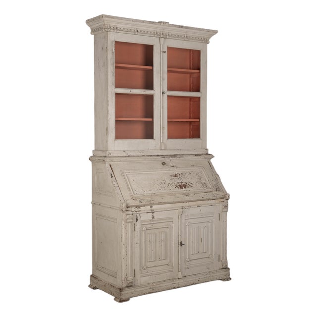Swedish Painted Pine Secretary With Glass Paned Bookcase For Sale