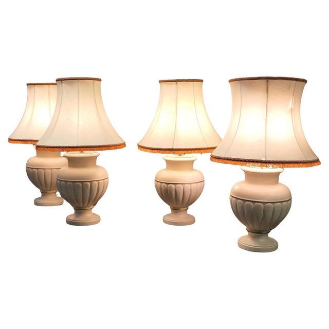 White Vintage Ceramic Table Lamps with Linen Shades, 1970, Set of 4 For Sale - Image 8 of 8
