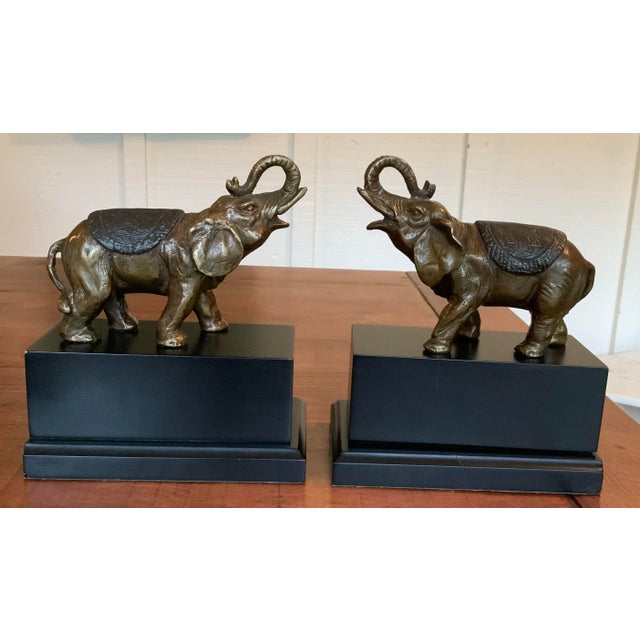 Pair Bronze Elephant Bookends on Black Base for Palm Beach Regency, Ralph Lauren Style, British Colonial or Chinoiserie Styles For Sale - Image 4 of 8