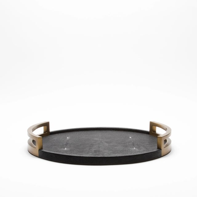 Black Round Tray in Black Shagreen With Bronze Patina Brass by R&y Augousti For Sale - Image 8 of 11