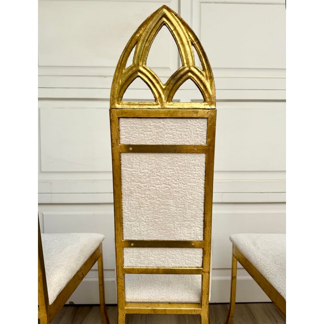 Mid 20th Century Set of 4 Hollywood Regency Gothic Revival Gilt Dining Chairs in Ivory Bouclé For Sale - Image 5 of 12
