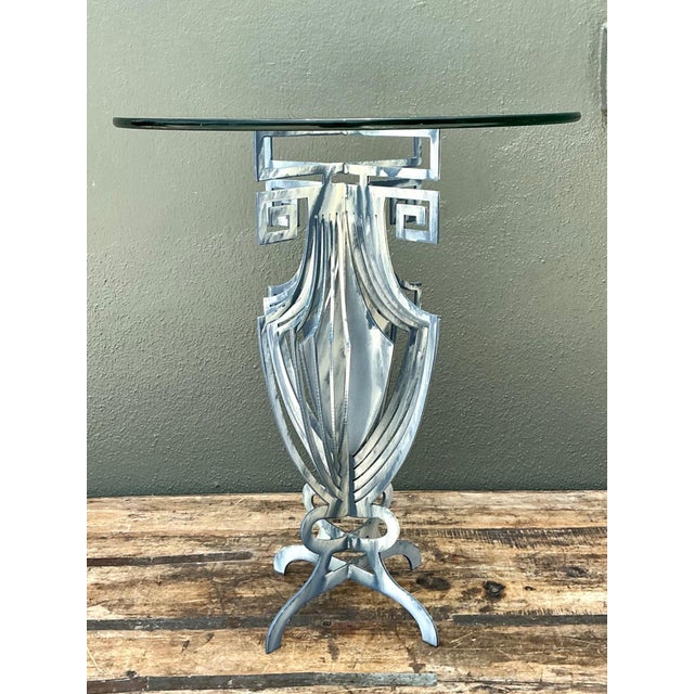 Vintage Greek Key Motif Metal and Glass Drinks Table For Sale In West Palm - Image 6 of 12