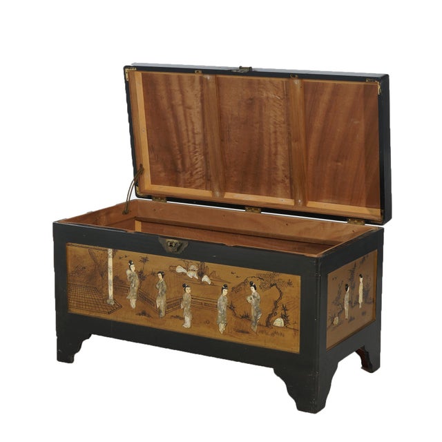 Antique Chinese Lacquered Ebonized & Gilt Blanket Chest with Mother of Pearl For Sale - Image 11 of 12