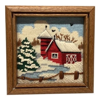Vintage American Christmas Folk Art Needlepoint of a Winter Barn After a Snow, Framed For Sale