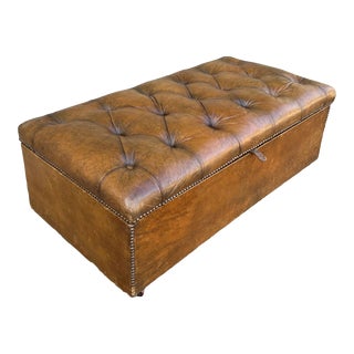 1940s English Leather Chesterfield Style Bench / Coffee Table With Storage For Sale