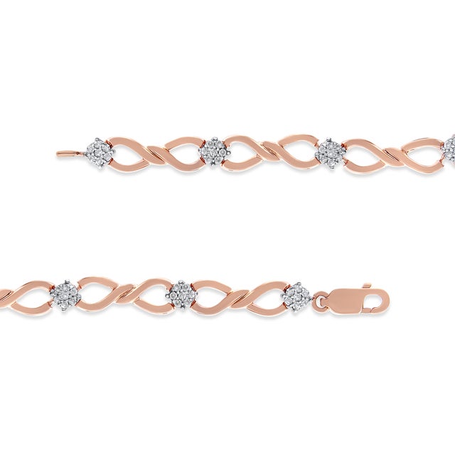 Early 21st Century 10K Rose Gold 1/2 cttw Diamond Cluster and Infinity Weave Link Bracelet (H-I Color, I2-I3 Clarity) - Size 7" For Sale - Image 5 of 7