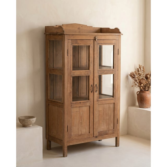 Antique Indian Glass Cabinet | Vintage Carved Wood Armoire | Rustic Display Cabinet | Wabi Sabi Decor For Sale - Image 6 of 6