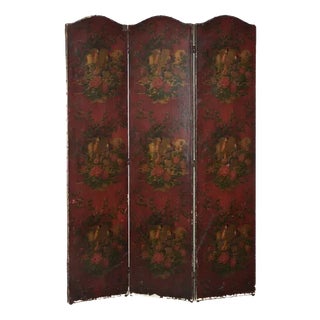 Antique English Hand-Painted Red Leather Chinoiserie Room Divider with Floral Motifs For Sale