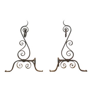 Pair of Arts & Crafts Antique Wrought Iron Andirons For Sale