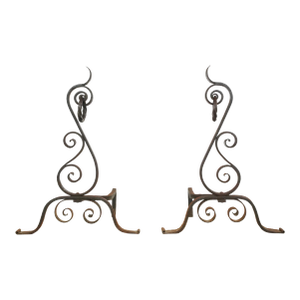 Pair of Arts & Crafts Antique Wrought Iron Andirons