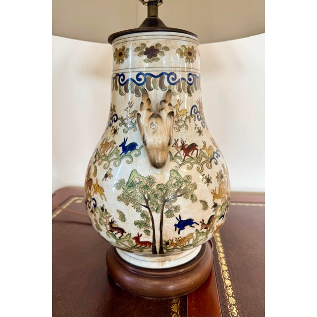 Wood 1970s Chinoiserie Style Hand-Painted Porcelain Table Lamp With Animal Motif For Sale - Image 7 of 7