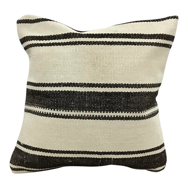 Vintage Traditional Turkish Hand Woven White and Black Kilim Pillow Cover For Sale