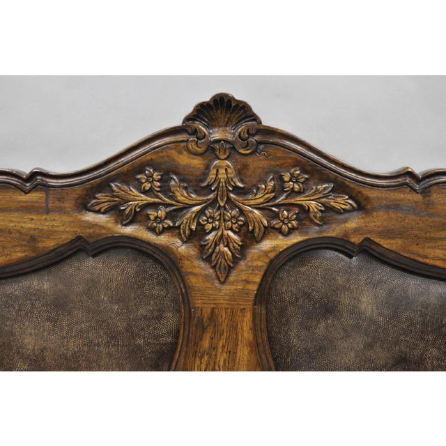 Traditional Vintage French Country Provincial Oak Wood Upholstered Panel King Bed Headboard For Sale - Image 3 of 12