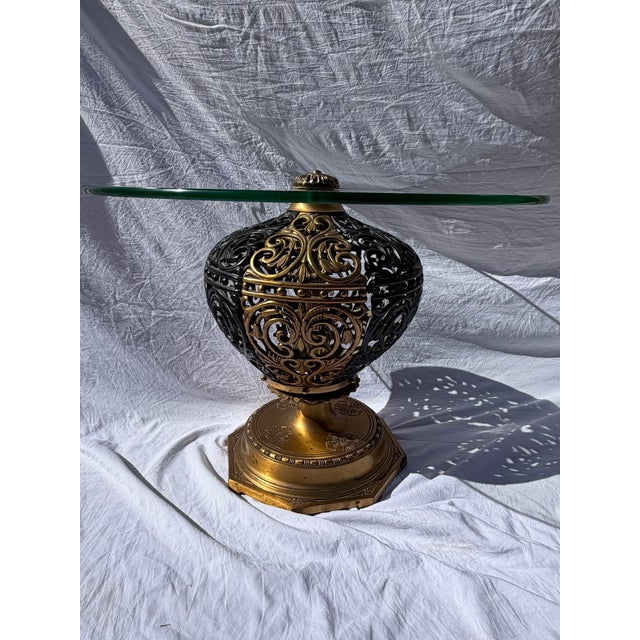 1970s Vintage Hollywood Regency Gilt Metal Orb Pedestal Coffee Table With Glass Top – 24” For Sale - Image 5 of 14