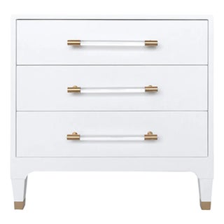 Matthew Izzo Home Amber White Linen Side Table With Acrylic and Antique Brass Drawer Pulls For Sale