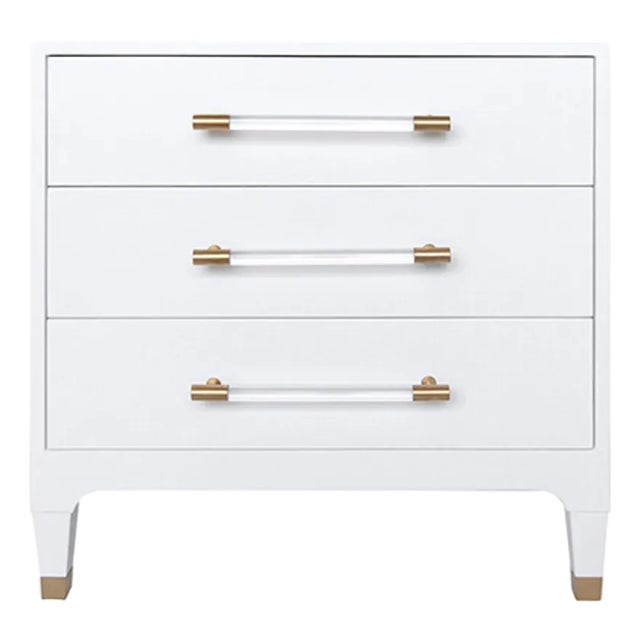 Matthew Izzo Home Amber White Linen Side Table With Acrylic and Antique Brass Drawer Pulls For Sale