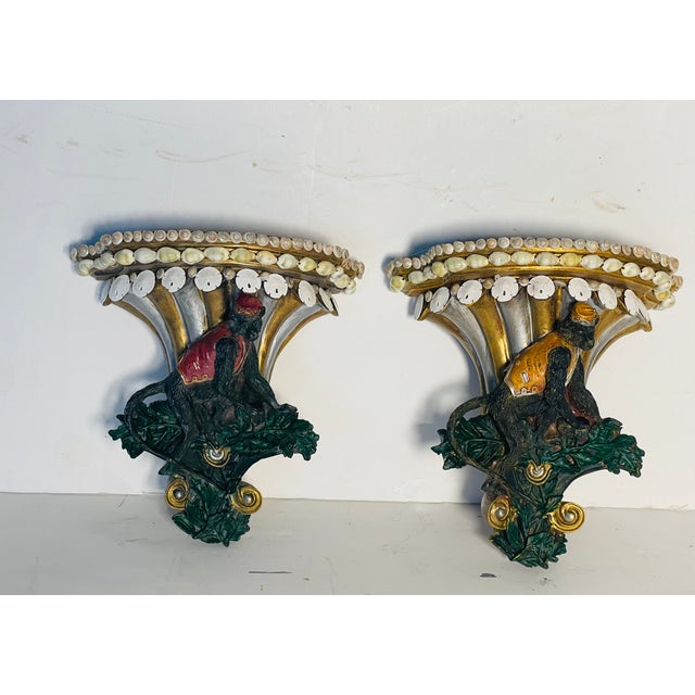 Gold 1960s Whimsical Pair of Monkey Servants Wall Brackets Cornell’s With Sea Shells For Sale - Image 8 of 8