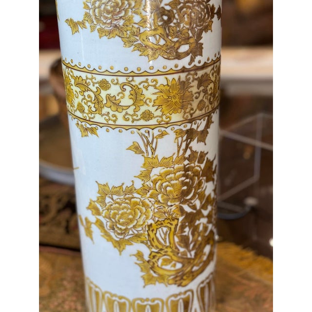 White Vintage Chinese Ceramic Yellow and White Floral Umbrella Holder For Sale - Image 8 of 8