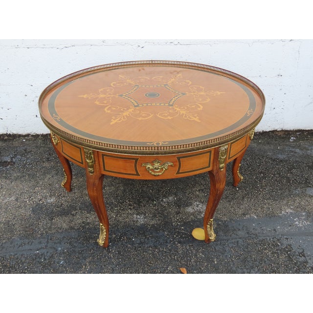 Mid 20th Century French Inlay Round Coffee Table With Brass Apron 6349 For Sale - Image 5 of 11