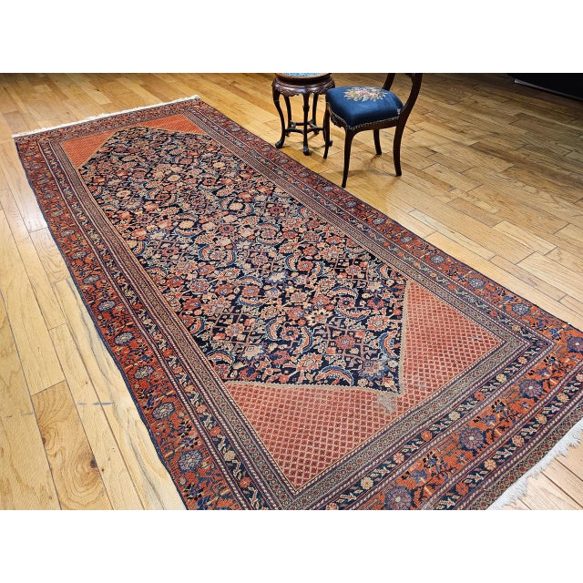 Persian Vintage Persian Malayer Gallery Area Rug, Hand-Knotted Wool, Geometric Pattern, 5x13, Navy & Terracotta For Sale - Image 3 of 16