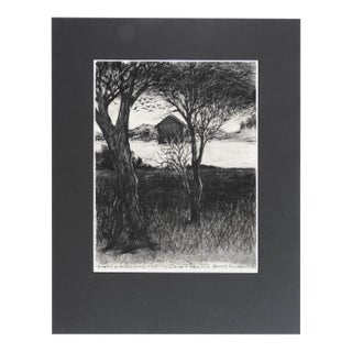Contemporary Charcoal Landscape With Barn Drawing For Sale