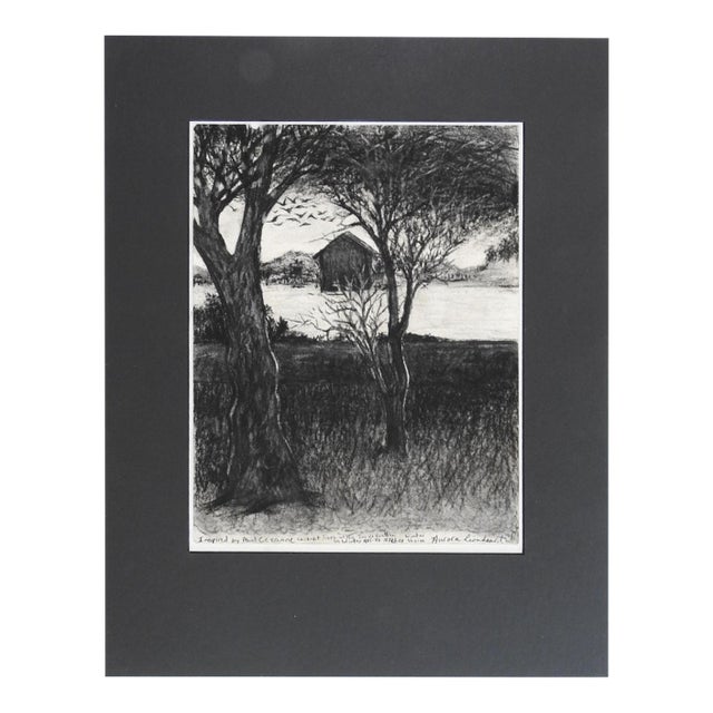 Contemporary Charcoal Landscape With Barn Drawing For Sale